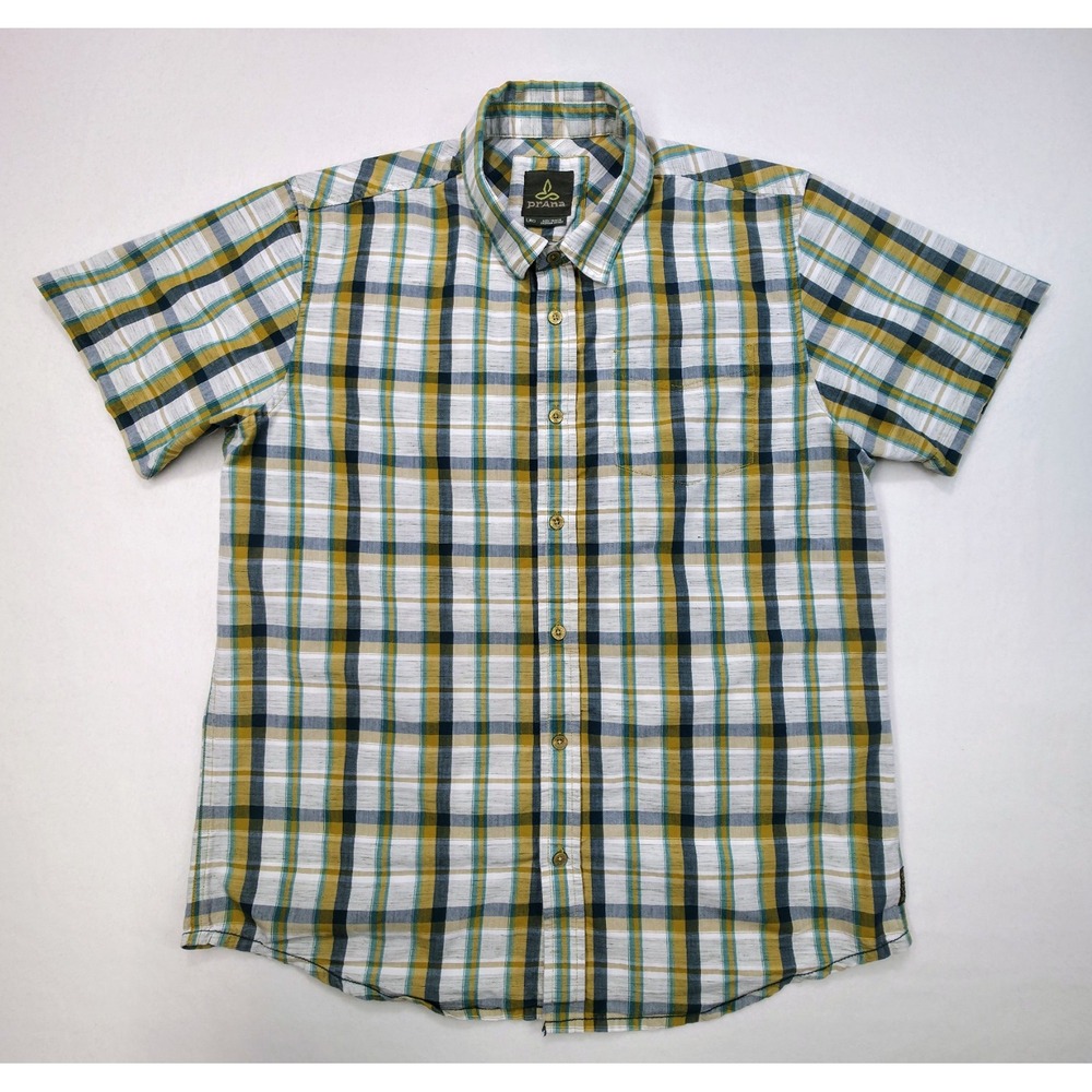 PrAna Shirt Mens L Short Sleeve Button Up Plaid Multicolor Limited Use
